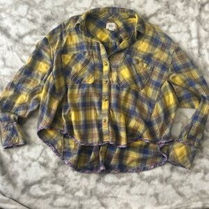 BDG Yellow Plaid Cropped Flannel Button-Down Shirt